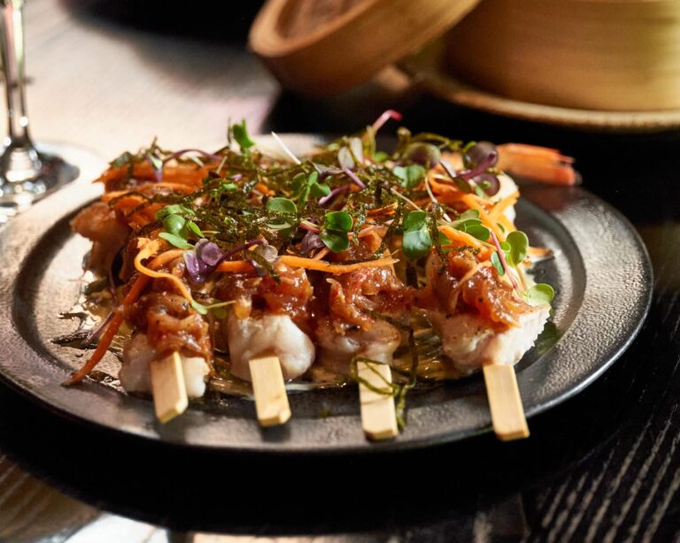 Grilled seafood skewers with a sticky glaze at Zodiac