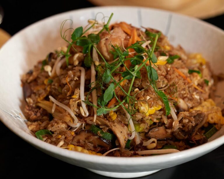 Truffled mushroom fried rice with bean sprouts and soft herbs at Zodiac